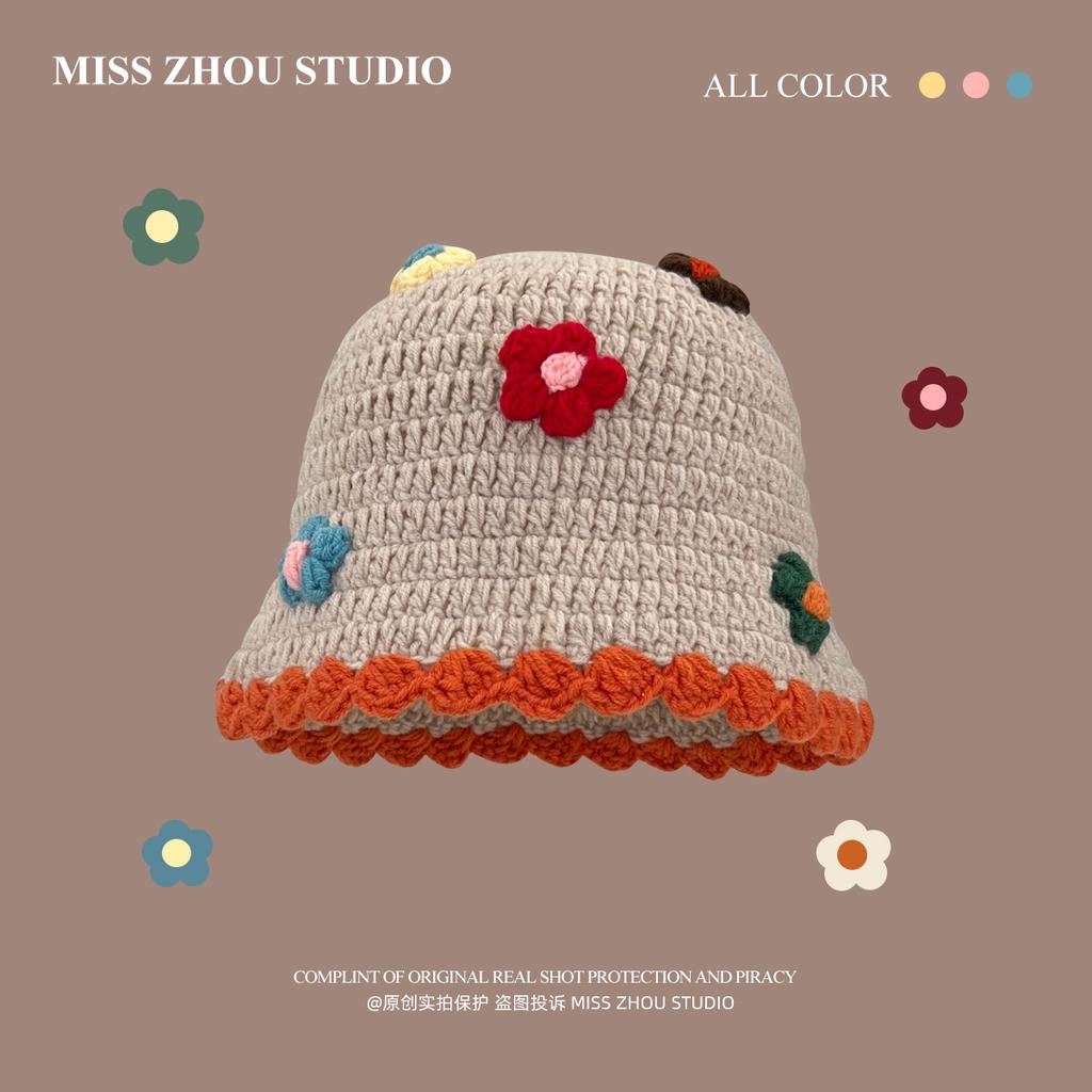 Japanese Sweet Flower Knitted Bucket Hats for Women Autumn and Winter Warm Cute Show Face Small Versatile Retro Basin Caps