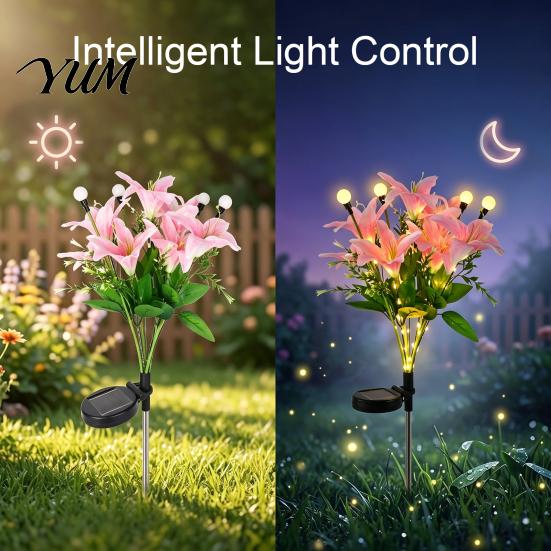 Weatherproof Solar Landscape Lights 2Pcs Artificial Flower Lights, Lily Bamboo Wisteria Garden Stake Pathway for Walkway Powered Firefly Waterproof
