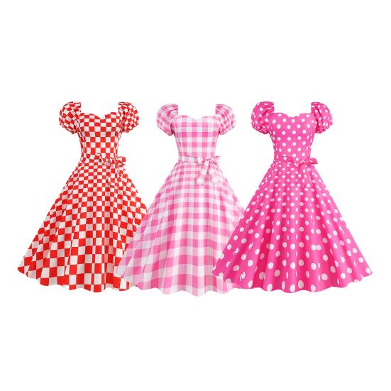 Женское платье трапециевидной формы в стиле ретро, ​​большие качели, облегающее, с высокой талией, с короткими рукавами, с V-образным вырезом, в клетку, с принтом в горошек, на шнуровке, с узкой талией, вечерние, свадебное, выпускное платье