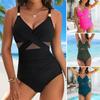 Women Monokini Sling Deep V-Neck Sleeveless Mesh Splicing Swimsuit Tummy Control Full Coverage