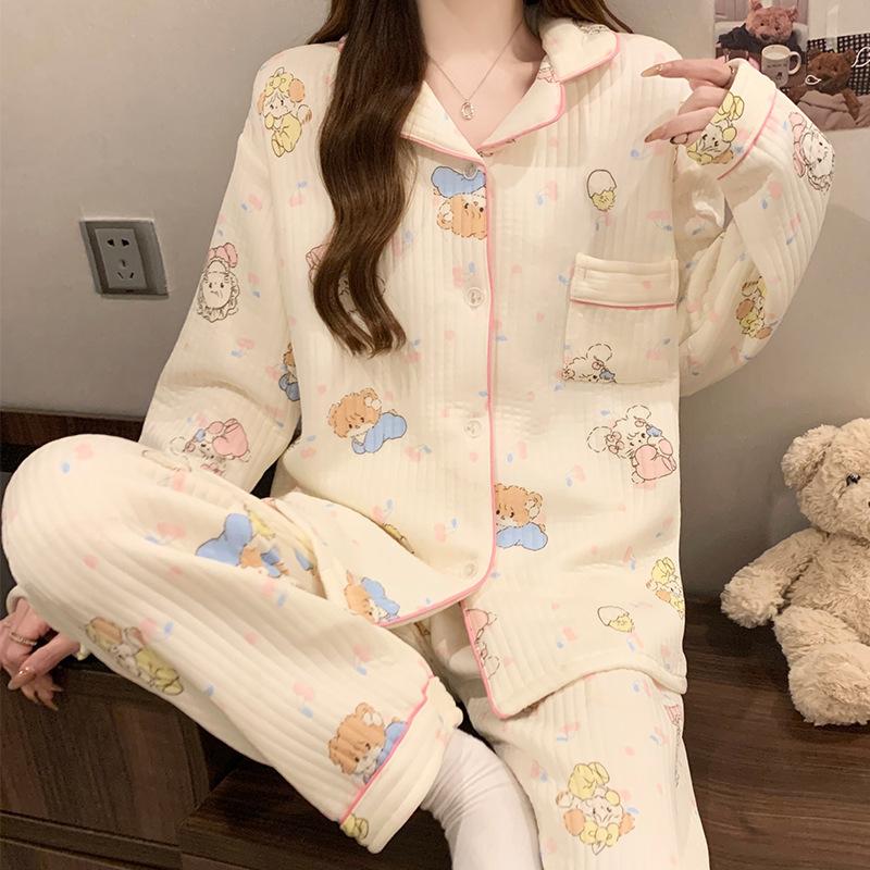 Air cotton pajamas women's autumn and winter interlayer warm long-sleeved suit cartoon embroidered loungewear real shot