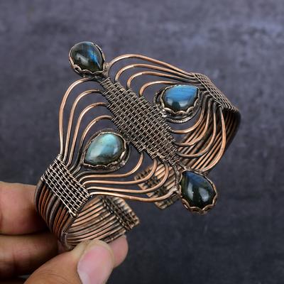 Браслет-манжета из натурального драгоценного камня лабрадорита с медной проволокой, регулируемый G7s09