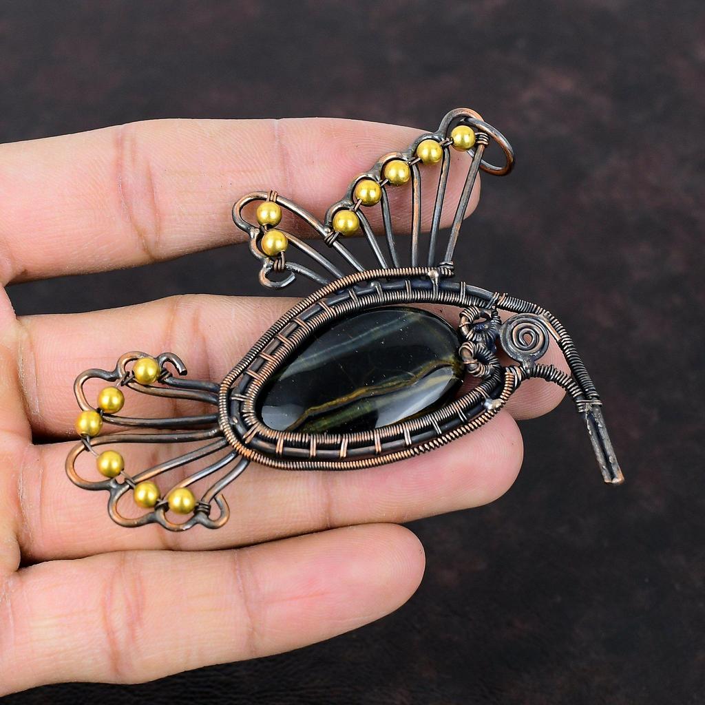 Подвеска с драгоценным камнем из неллита, медная проволока, кулон, кулон ручной работы, ювелирные изделия из неллита, подвеска в виде птицы, красивые медные украшения, подарок для мамы