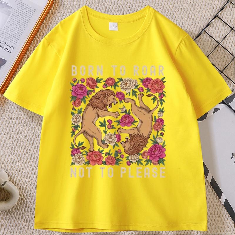 Born To Roar Not To Please TShirt Feminist Lion Graphic Tee Retro Floral Lion T Shirt Unisex Women Short Sleeve Tshirt Tops