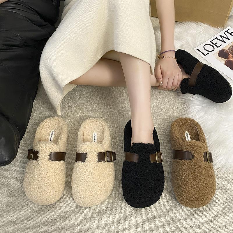 Тапочки Mao Mao женские носят 2025 осень и зима новые интернет-знаменитости одна нога плоская ленивый мешок голова половина тапочки из хлопка