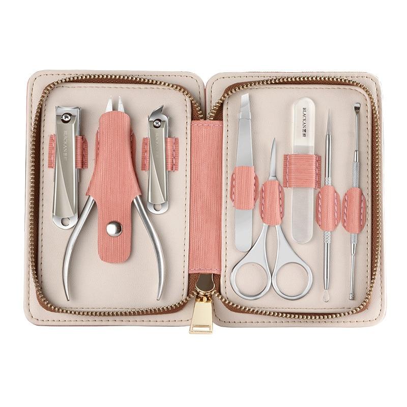 8-in-1 Professional Manicure Pedicure Set, Stainless Steel Nail Clippers, Glass Nail File, Cuticle Pusher, Scissors, Tweezers, Pink Portable Kit