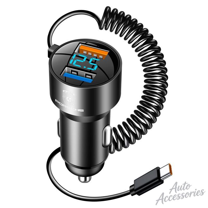 For Porsche 911 100W Car Charger With Type C Cable USB Super Fast Charging Retractable Spring Cable Sticker Auto Adapter 2 In 1 ESUVW1