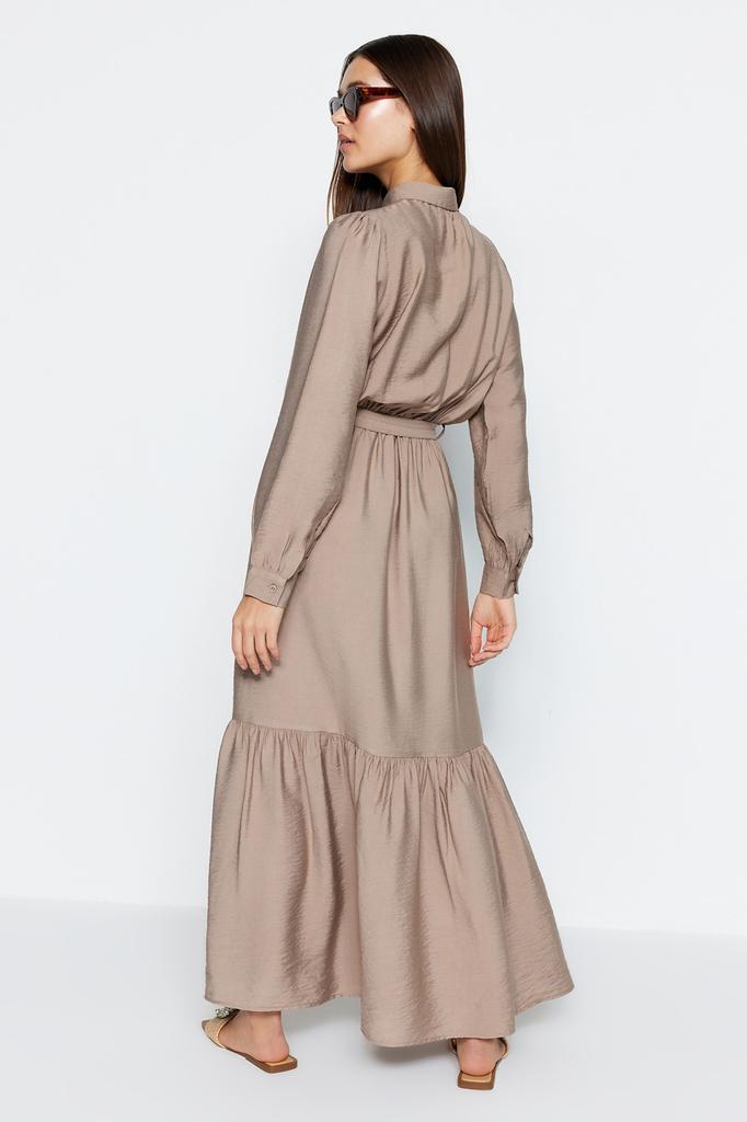 Women's Fashion New Hijab Dress Mink Belted Shoulder Detailed Skirt Flounced Woven Shirt Dress