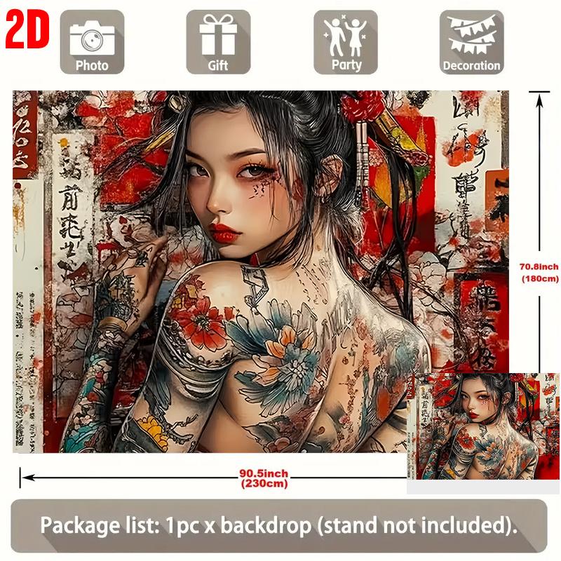 2D Flat Party Backdrop Banner - Large Japanese Geisha with Floral Tattoo & Calligraphy