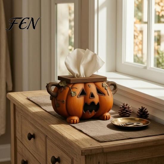 Novelty Home Accessory Halloween Pumpkin Tissue Box Holder, Resin Decorative Facial Funny Face Office Desk Storage Cover for Kitchen Living Room Table