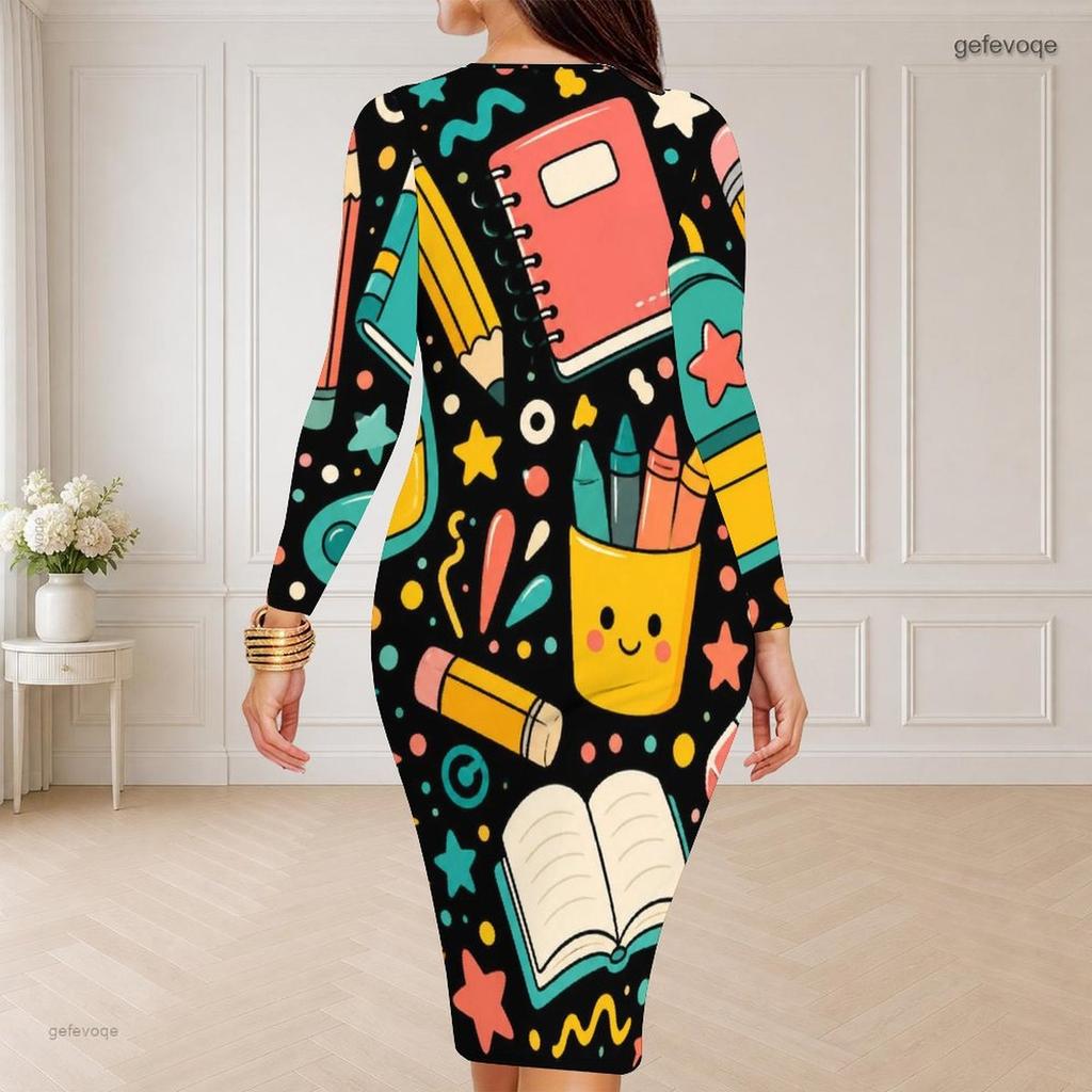 Women Plus Size Round Neck Long Sleeve Cartoon Excavator Printed Bodycon Midi Dress