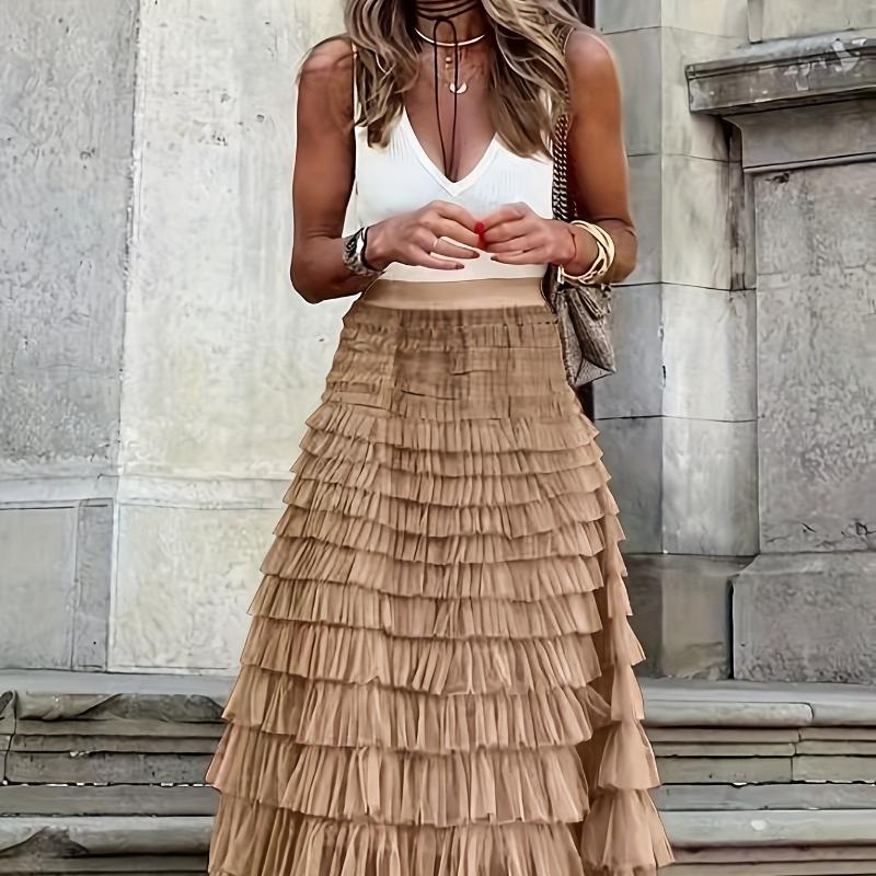 Elegant Boho High Waist Skirt for Women - Durable, Comfortable Fit with Chic Mesh Layer & Contrast Lace, Perfect for Spring/summer