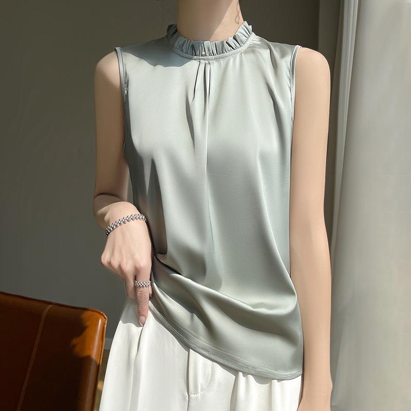 INDFS Women's Fashion Casual Summer Spring Solid Color Print Sleeveless Stand-Neck Blouses & Shirts