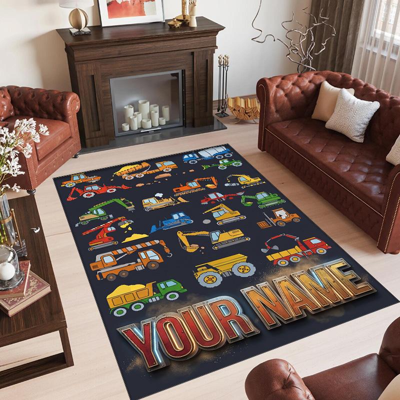 Construction Vehicles Theme Crystal Velvet Rug Personalized Custom Name Text Soft Floor Mat Home Decor
