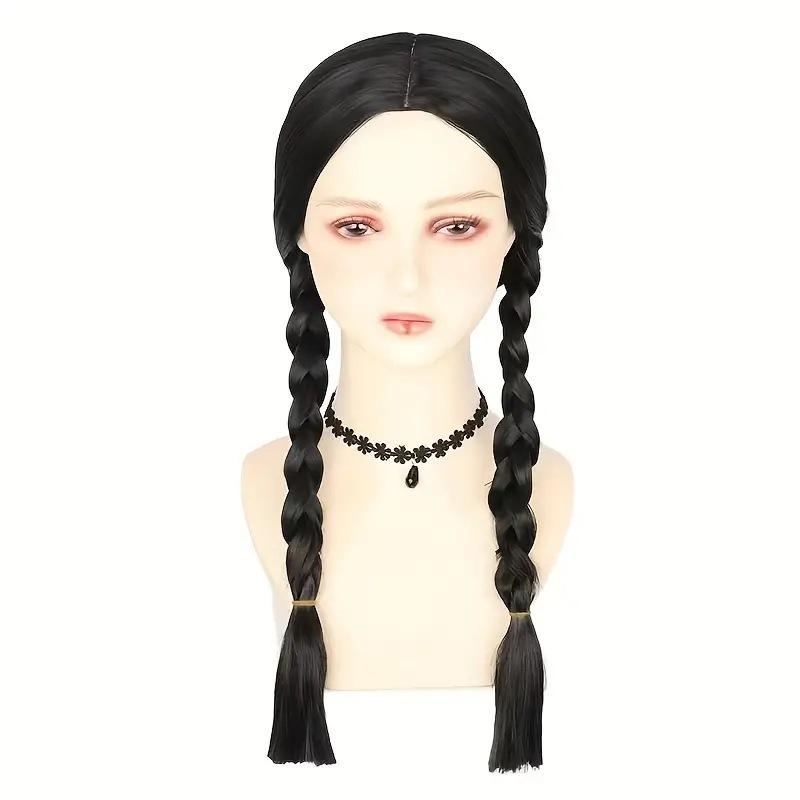 Black Wednesday cos wig, Adams family, double braids, ponytail, full hood