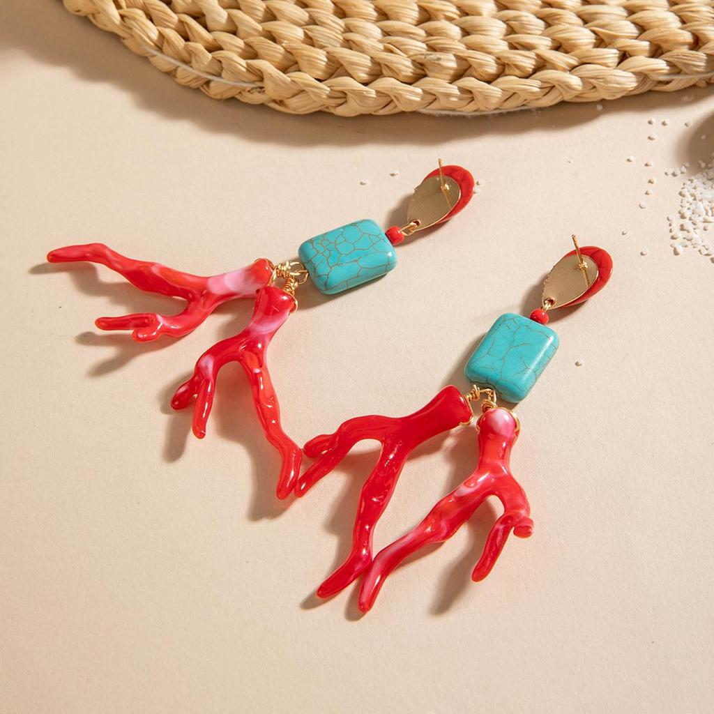 Summer New Blue Turquoise Stone Red Coral Earrings Women's Jewelry Beach Vacation Ethnic Style Jewelry Drop Earrings