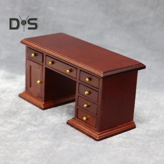 Retro Writing Dollhouse Scale Wooden Desk Chair Set Miniature Furniture For Decor