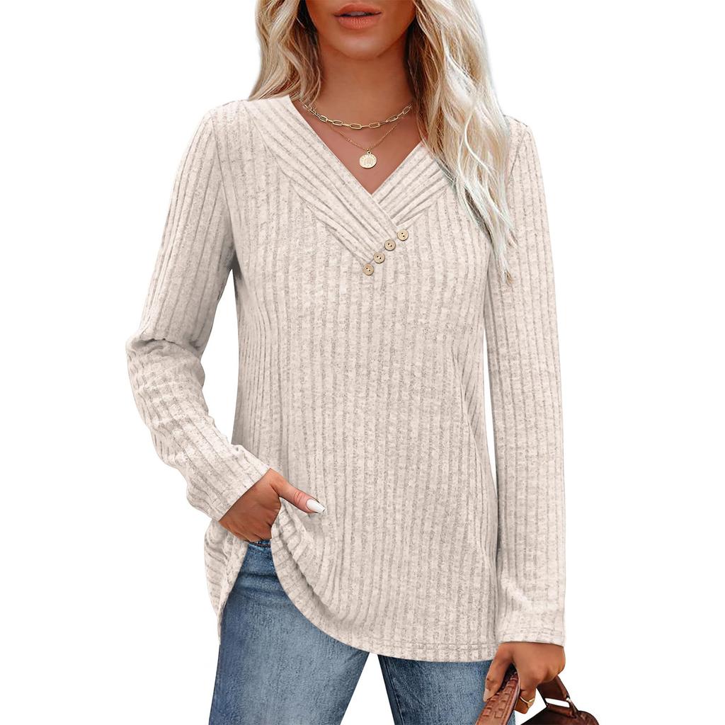 Women Long Sleeve Shirts V Neck Tops With Buttons Fall Fashion Outfits Winter Sweaters