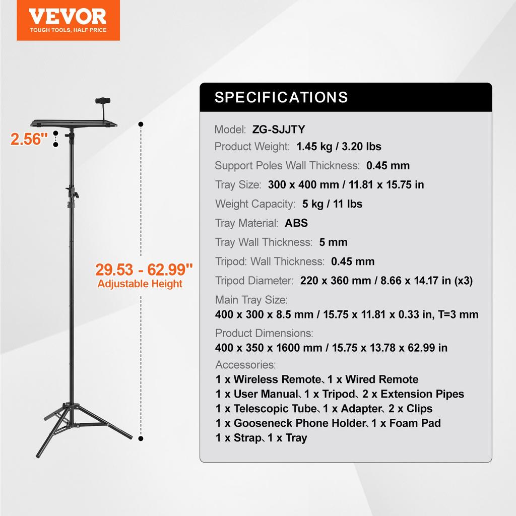 VEVOR Projector Stand, Laptop Stand Tripod Adjustable Height from 26.97 to 63 in