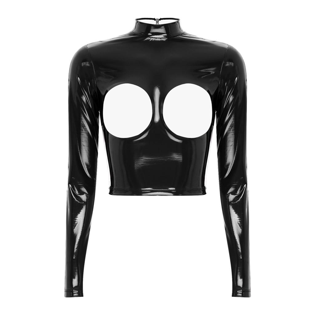 Women's Wetlook Patent Leather Mock Neck Long Sleeve Hollow Out Crop Tops Clubwear