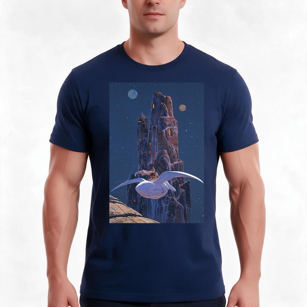 Moebius Arzach Poster Night Mountain Rock City Seagull Moon Stars Comic French Comic Jean Giroud Tshirt 100 Cotton