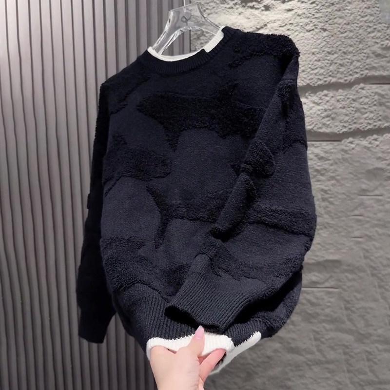Autumn 2024 Men's Loose Fit Black 3D Print Round Neck Knit Sweater
