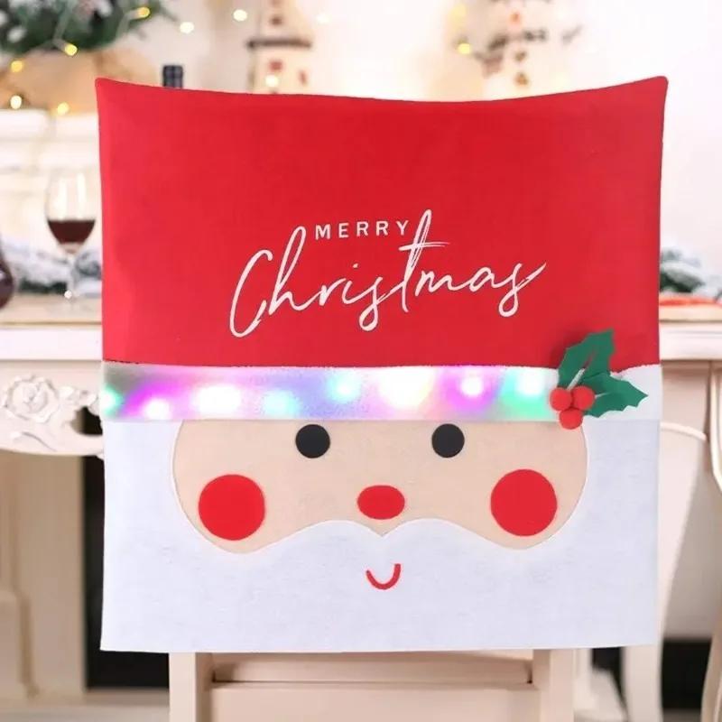 Christmas Santa Claus LED Chair Covers Red Holiday Chair Back Slipcovers Decorative Party Supplies Winter Dining Decoration