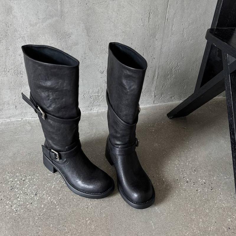 Осенне-зимние женские ботинки Мартин с широким голенищем, однотонные, на среднем каблуке, больших размеров, универсальные, на резиновой платформе