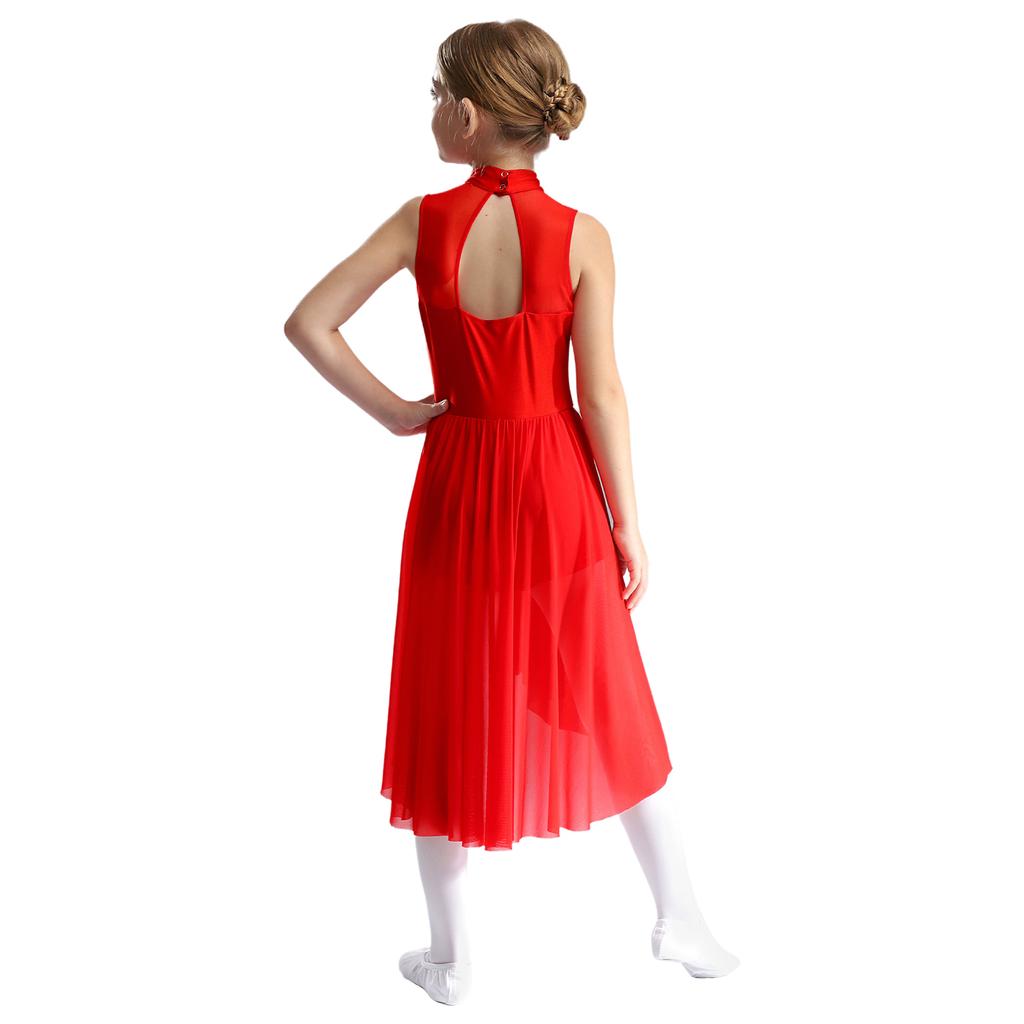 Kids Girls Figure Skating Dance Dress Sleeveless Mock Neck Cutout Back Side Split Asymmetrical Hem Sparkly Rhinestone Dresses