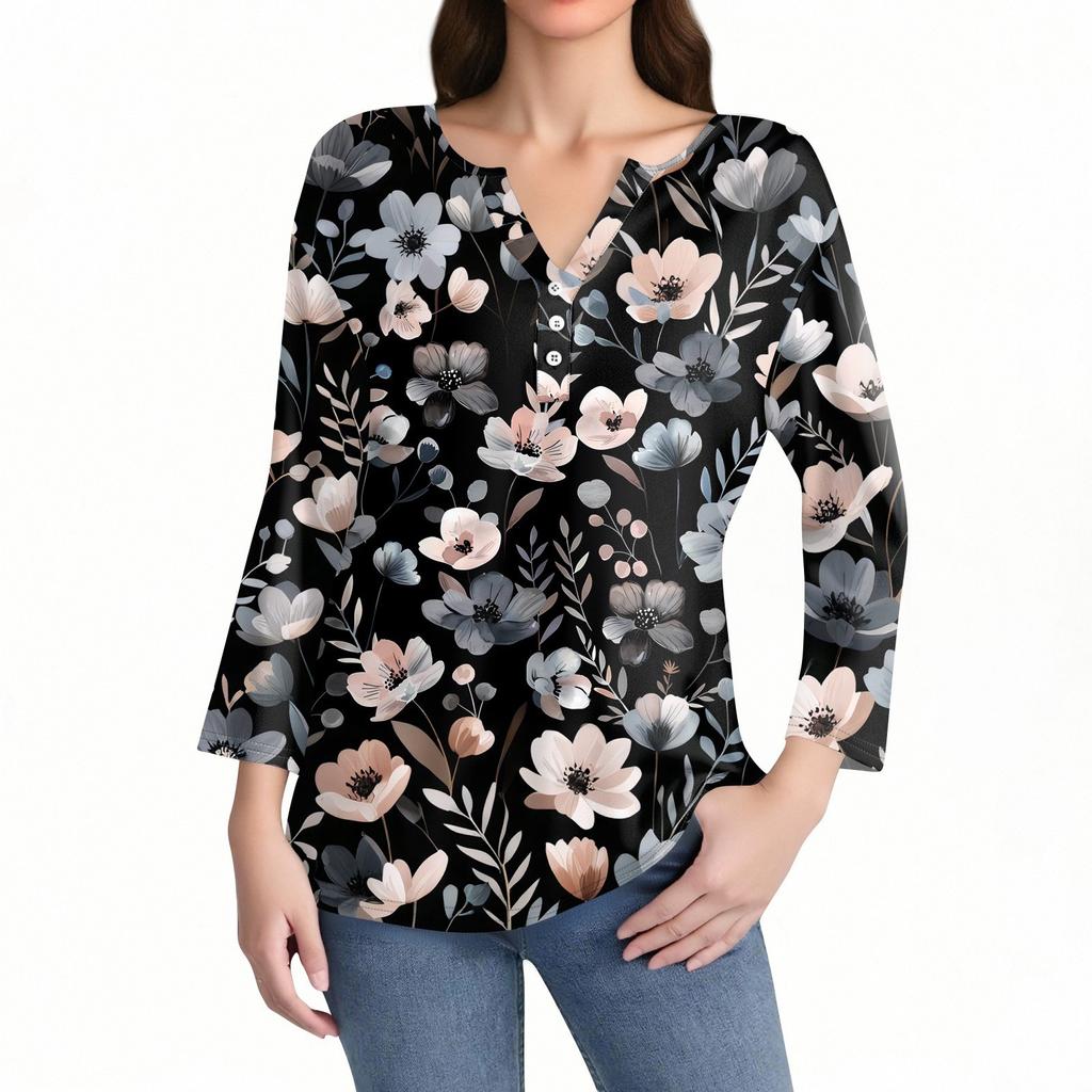Women's T Shirt Print Button 3/4 Sleeve Daily Weekend Fashion Basic V- Neck Regular Top