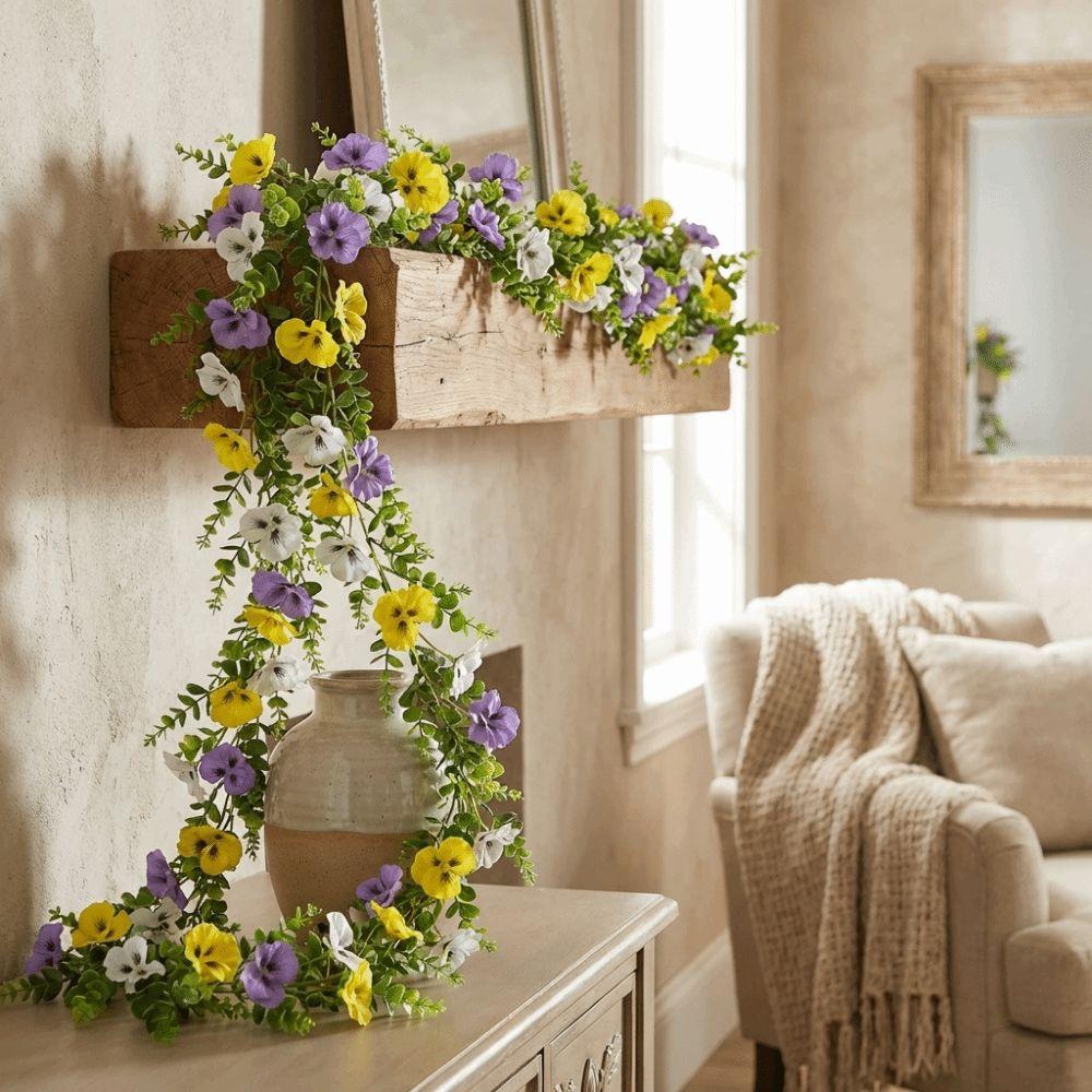 UV Resistant Artificial Pansy Vines Flexible Fake Flower Vines Eucalyptus Leaf Garland  Home Mantle