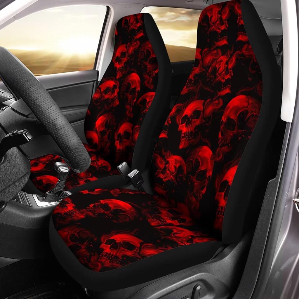 Red Gothic Flame Skull Pattern Auto Seat Cover, Thin Breathable Universal Car Front Seats Accessories Interior Decor 2 Pcs