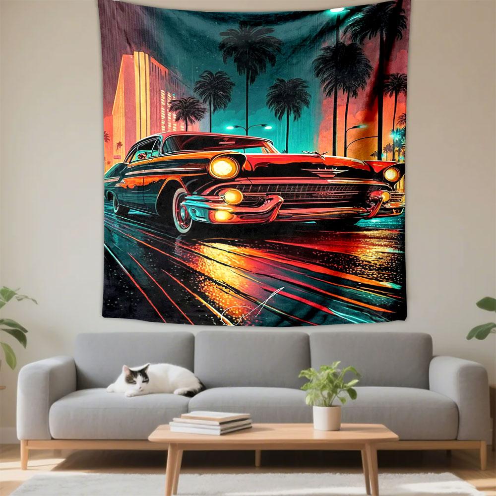 Synthwave Wall Tapestry Retro Cadillac Classic Car Wet Neon City Street Palm Trees Decor for Bedroom Game Room Gift