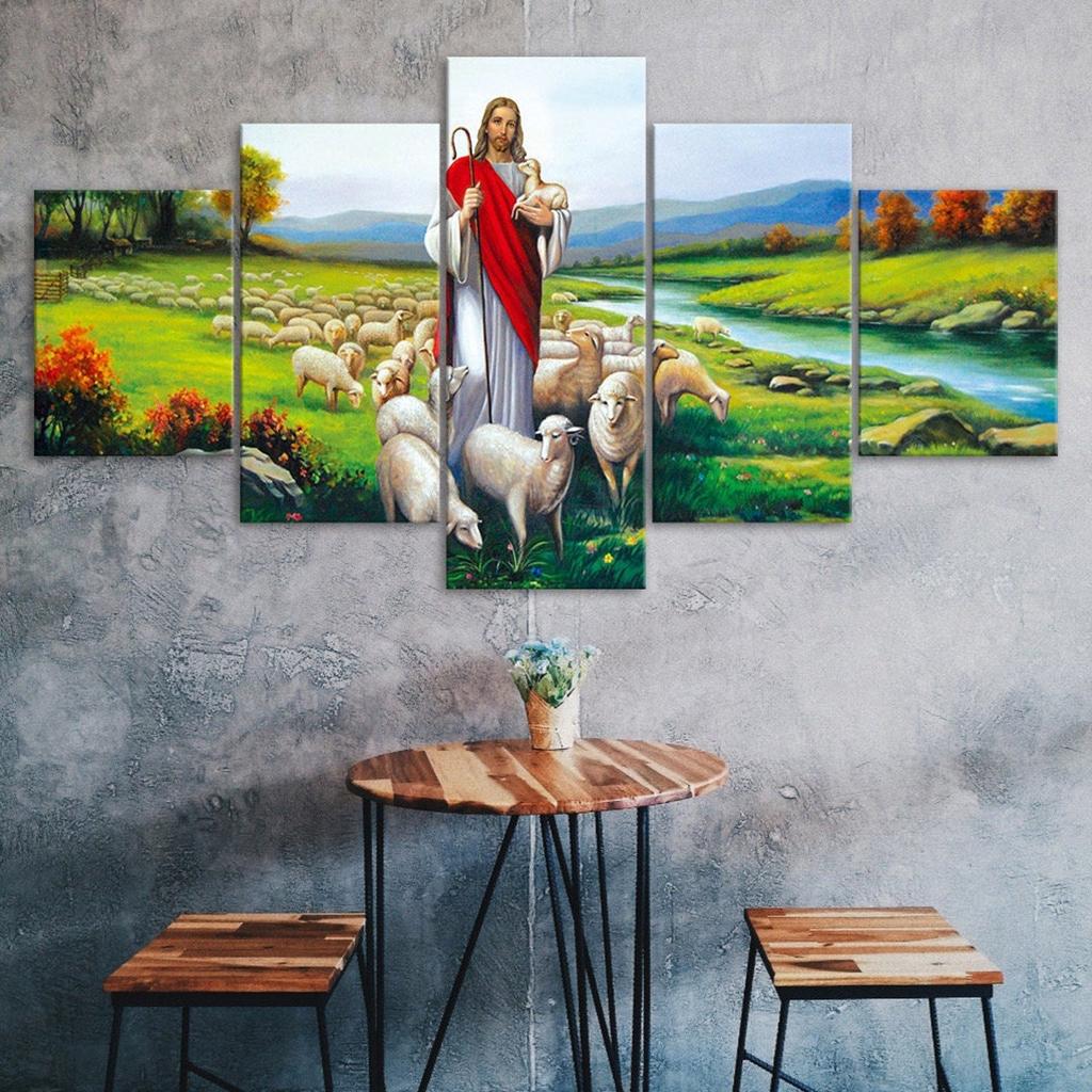 Jesus Christ Sheep Flock River 5 Piece Five Panel Wall Canvas Print Modern Art Poster Picture Home Decor Gift For Him For Her