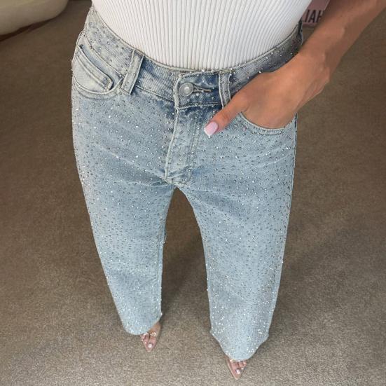 Джинсы с искусственным жемчугом для женщин, с высокой посадкой, прямые, стрейч, из денима, повседневные, широкие, с бисером, мешковатые