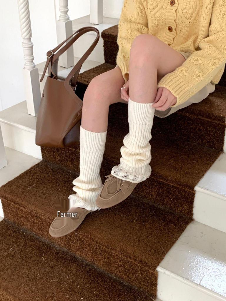 Женские теплые вязаные гетры в японском стиле - Серые ретро до середины голени, Сладкие молочно-белые до колена - Идеально для осени/зимы.