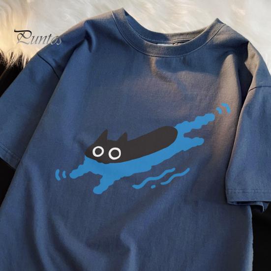 Повседневная футболка для пары с рисунком черной кошки, футболка с круглым вырезом, свободный летний топ для мужчин и женщин, домашняя спортивная одежда для улицы