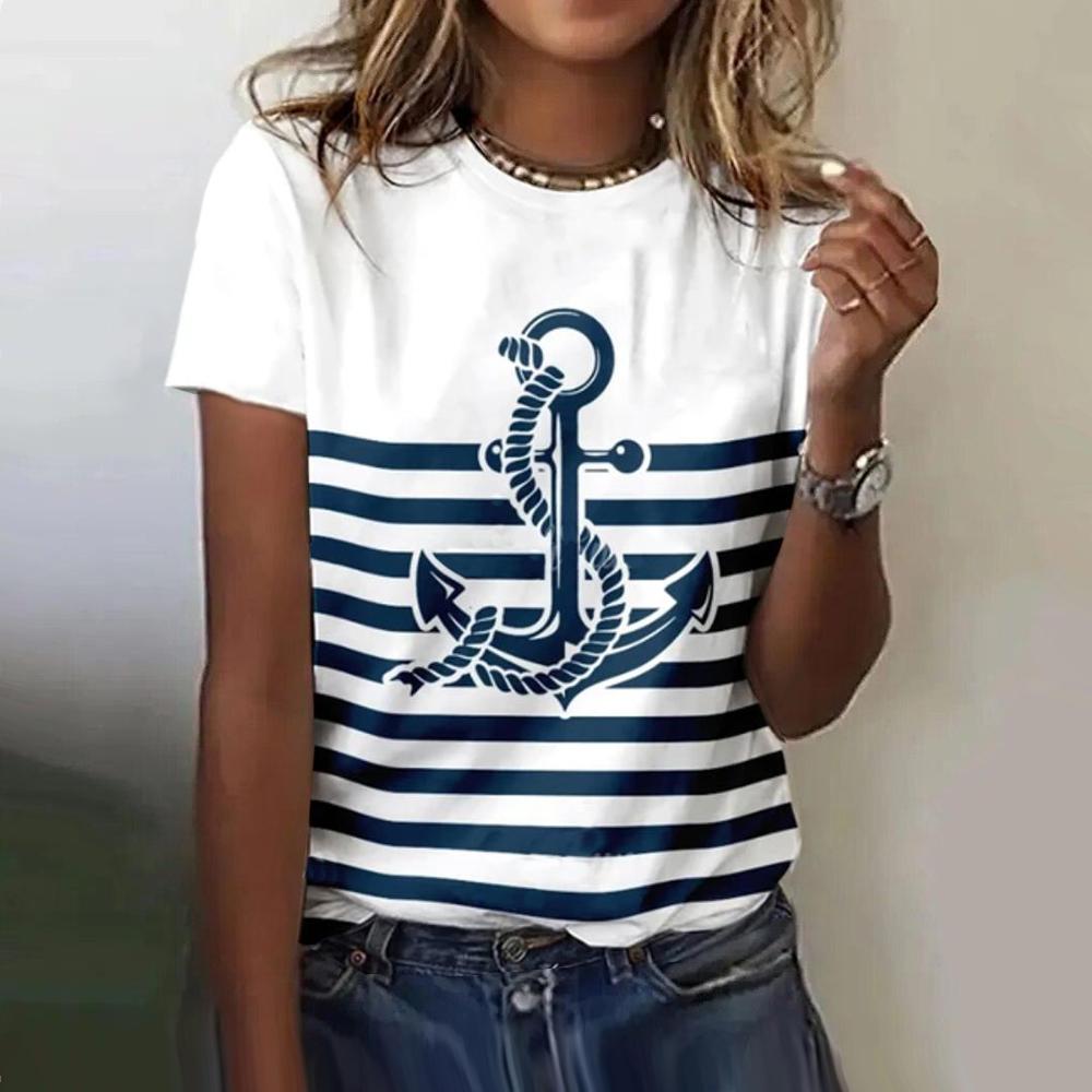 Летняя футболка с 3D-принтом «Якорь» для женщин, женская повседневная футболка с коротким рукавом, модные футболки с круглым вырезом, топы в стиле Харадзюку, женская одежда