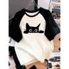Кавайная футболка Ретро Черный кот Принт с буквами Футболка с круглым вырезом Повседневный топ с коротким рукавом для весны лета Женская одежда
