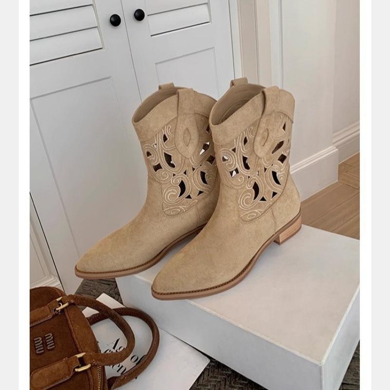 Cowhide Version~ Short Boots Women's Western Cowboy Boots Embroidered Hollow Women's Thick Heel Mouth Thick Sole Retro Knight Boots Women