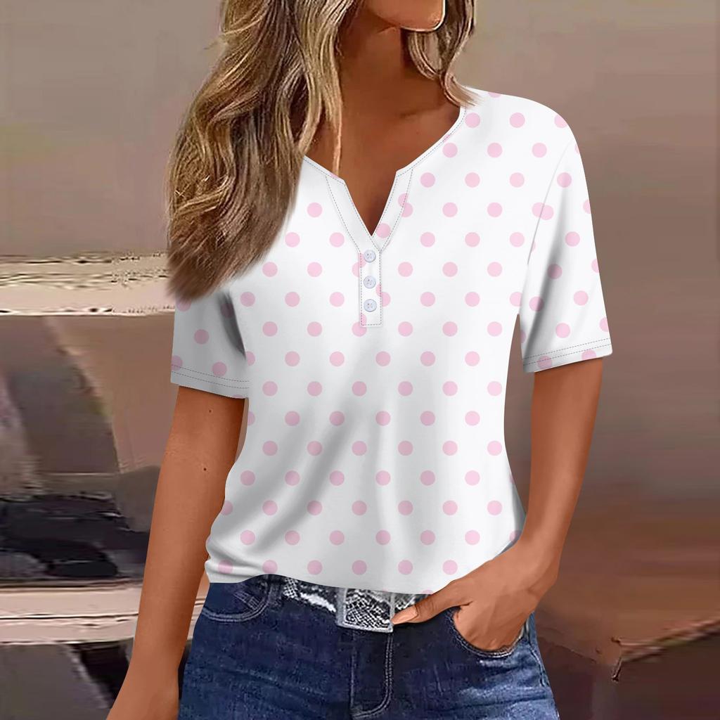 Women's Fashion Casual Solid Color Dot Print V-Neck Short Sleeve Decorative Button T-Shirt Top