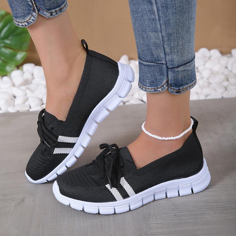 Mesh Knitted Striped Flats Shoes for Women Summer Lace Up Casual Sneakers Woman Soft Sole Breathable Loafers Plus Size 43