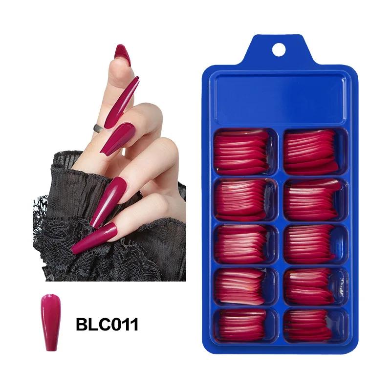 100PcsFalse Nail Wearable Full Cover Solid Color Pointed Long Ballerina Blue Pink Nail Tips False Nail Stickers
