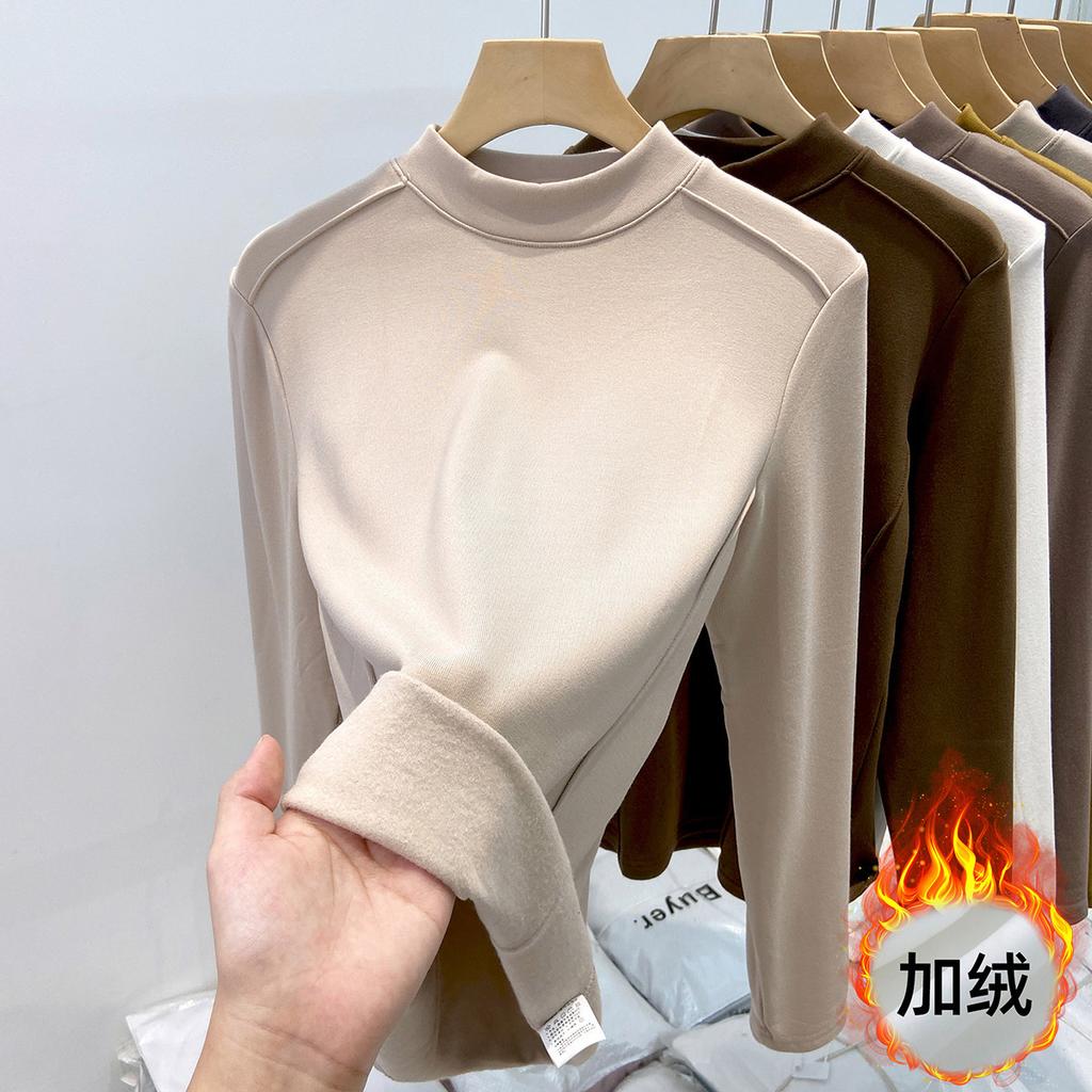 Флисовая полированная футболка с маленьким воротником-стойкой для женщин, весенняя, спереди «рыбья кость», плечо слим-фит, с длинным рукавом, футболка с топом внутри