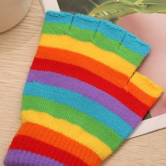 1 Pair Students Gloves Half Finger Knitted Colorful Rainbow Stripe Stretchy Comfortable Keep Warm Super Soft Autumn Winter Women
