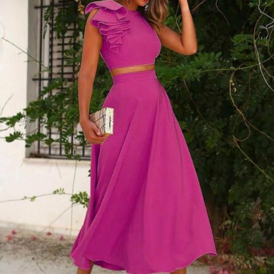 Женский костюм из 2 шт./компл., однотонный быстросохнущий укороченный топ с открытой спиной, юбка-миди для повседневной жизни