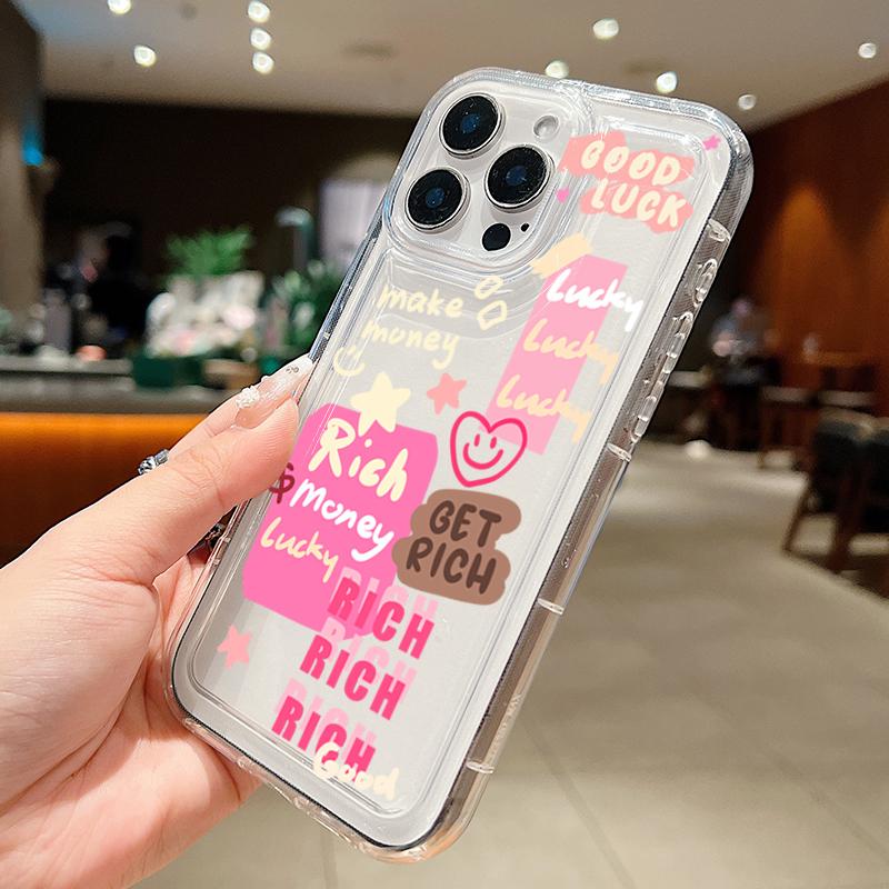 Pink Lucky Wealth Letter Pattern Phone Case For Xiaomi 13T Pro 13 12 11 Lite 5G 12T Transparent Silicone Shockproof Bumper Cover