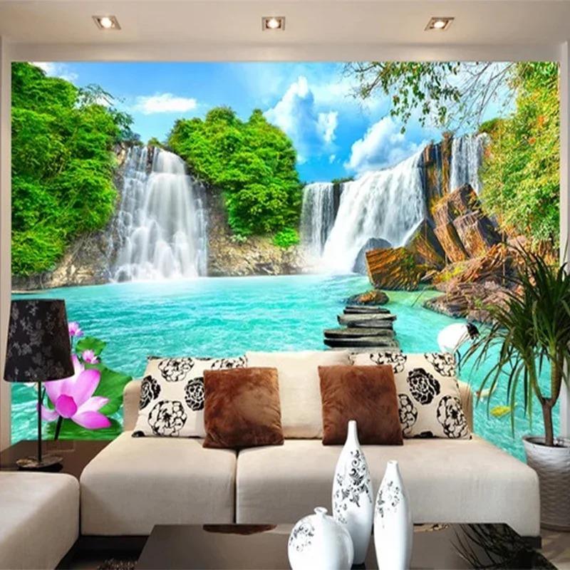 Индивидуальные фрески, обои, 3D стерео, водопады, пейзаж, фото, настенная живопись, гостиная, телевизор, диван, фон, стена, домашний декор, фреска
