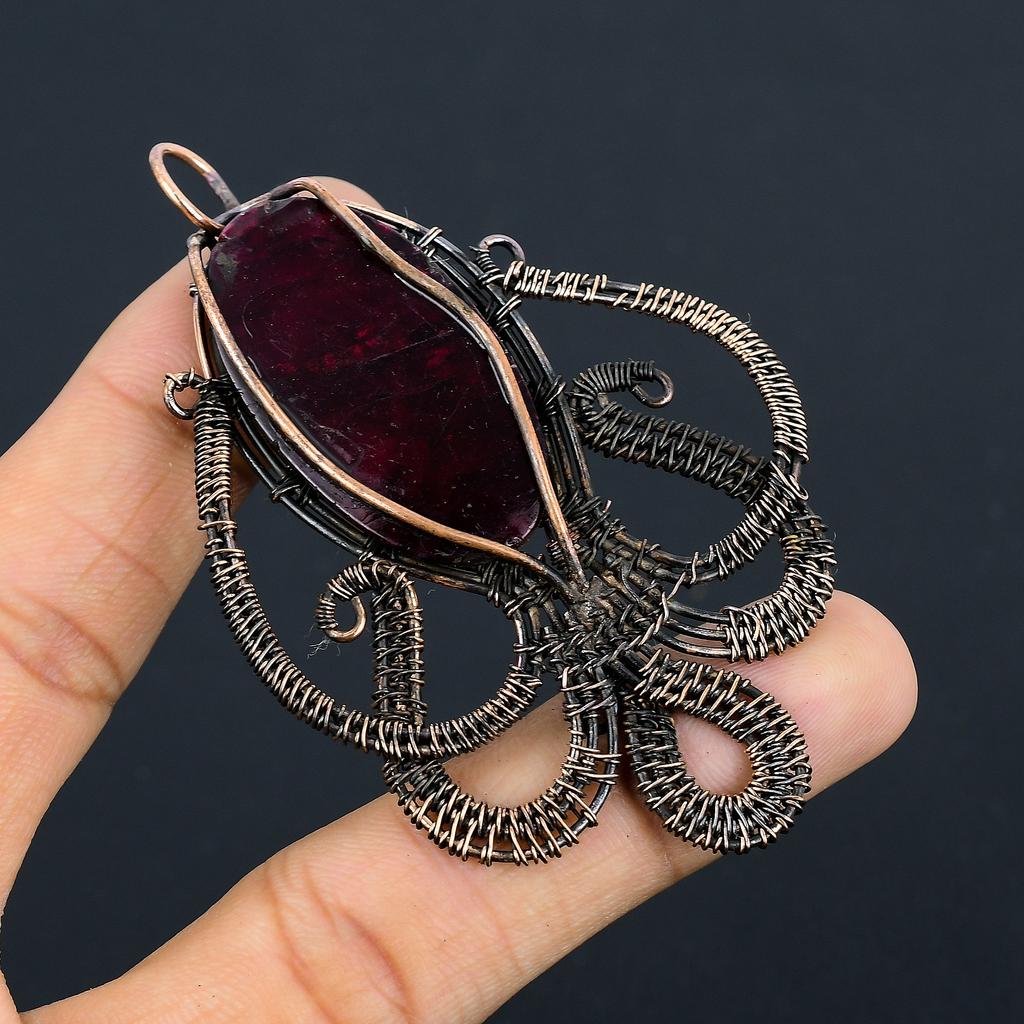 Octopus Red Labradorite Handmade Copper Wire Wrap Pendant 3.27" G7b97