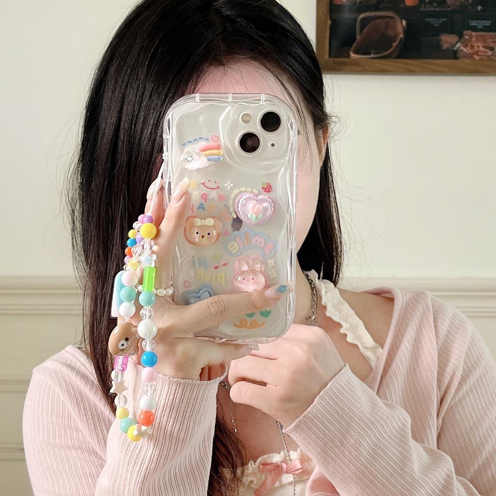 Cute Three-dimensional Bear and Rabbit Suitable for Apple 16 Transparent Mobile Phone Case IP14PRO Soft Shell Bell Pendant Bracelet